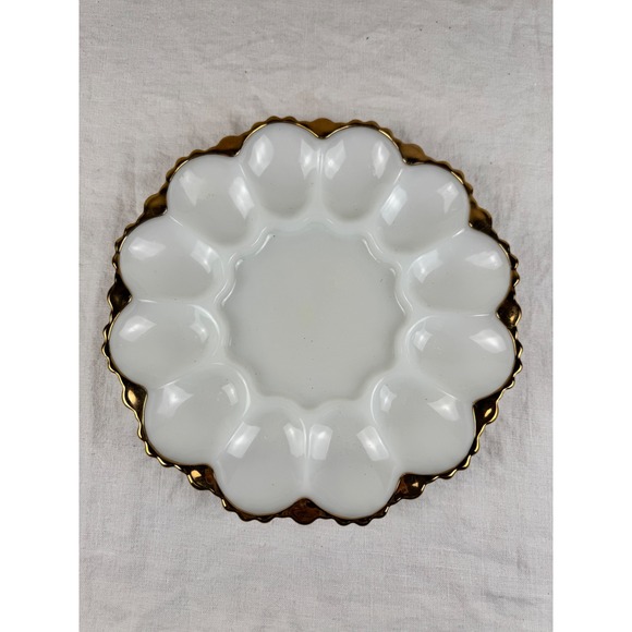 Unbranded Other - Vintage Milk Glass Deviled Egg Platter Gold Encrusted Scalloped Rim 10 Inch Tray
